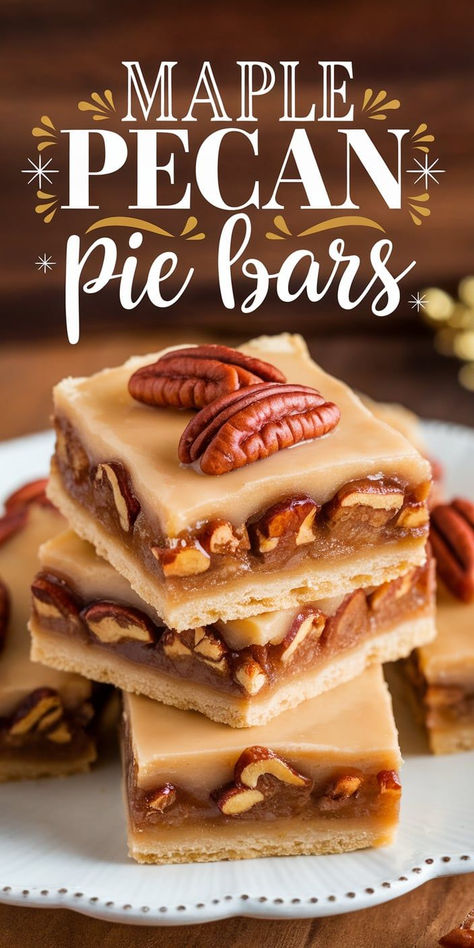 Enjoy the best of both worlds with Maple Pecan Pie Bars! These gooey, sweet bars deliver the rich flavors of traditional pecan pie, enhanced by a touch of maple syrup, making them a delightful addition to any dessert table. Caramel Pecan Pie Bars, Pecan Pie Bars With No Corn Syrup, Maple Flavored Desserts, Pecan Pie Recipe With Maple Syrup, Maple Dessert Recipes, Maple Pecan Bars, Chocolate Pecan Bars, Maple Desserts, Maple Pecan Pie