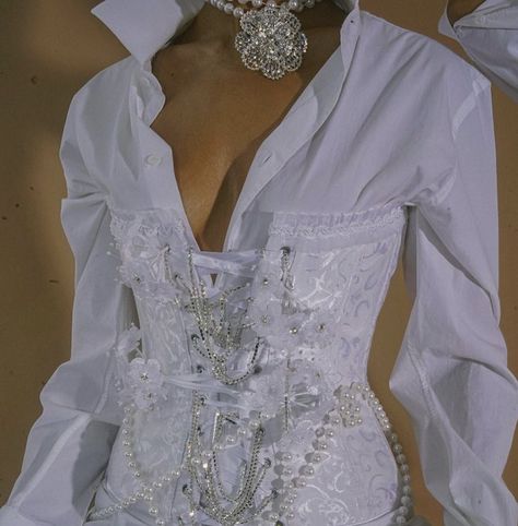 Shirt With Pearls, Victorian Ball, White Lace Corset, Dress Corset, Corset Shirt, Runway Outfits, Princess Core, Iconic Dresses, Lace Corset