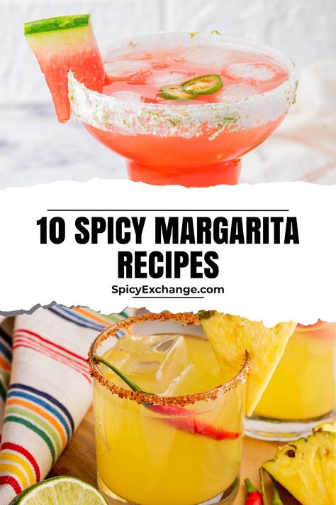 collage with two photos of margaritas with chili; text "10 spicy margarita recipes". Spicy Margarita Recipes, Watermelon Jalapeno Margarita, Mango Jalapeno Margarita, Spicy Margarita Recipe, Spicy Margaritas, Birthday Gathering, Traditional Margarita, Grilled Corn Salad, Pineapple Margarita