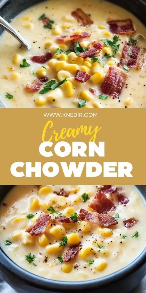 This Creamy Corn Chowder with Crispy Bacon is a hearty and comforting dish, perfect for chilly days! 🌽🥓 With sweet corn, tender potatoes, and a rich, creamy broth, this chowder is made even better with crispy bacon on top. It’s an easy-to-make soup that’s sure to warm you up. 📌 Pin this recipe to enjoy a cozy and satisfying creamy corn chowder with crispy bacon! #CornChowder #ComfortFood #EasySoupRecipes #HeartyMeals #CreamySoups #BaconLovers Corn Chowder Recipe Crockpot, Potato Corn Chowder Soup, Creamy Corn Chowder Recipe, Chowder Recipes Crockpot, Corn Chowder With Bacon, Creamy Corn Chowder, Easy Corn Chowder, Spaghetti Squash Recipes Easy, Corn Chowder Soup