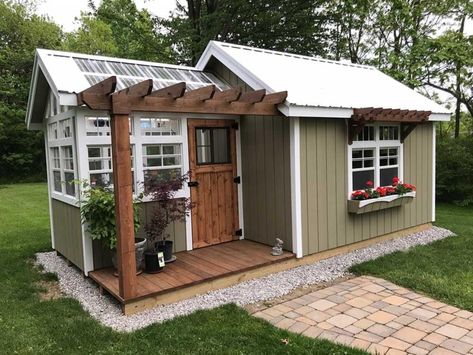 Small Farm Building Ideas, Greenhouse Office Shed, Garden Shed House, Pergola Shed Combo, Cottage She Shed Interior, Garden Shed Playhouse, Multi Purpose Shed, Garden Shed Tiny House, Farmhouse Garden Shed