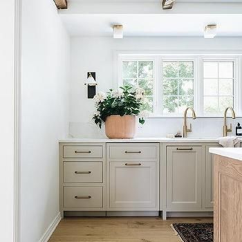 Nickel Vanity Mirrors with Aged Brass Faucets - Transitional - Bathroom Taupe Kitchen Cabinets, Stoffer Home, Greige Kitchen, Taupe Kitchen, Beige Cabinets, Cabinet Wood, Oak Kitchen, Grey Kitchen Cabinets, Kitchen Cabinet Colors