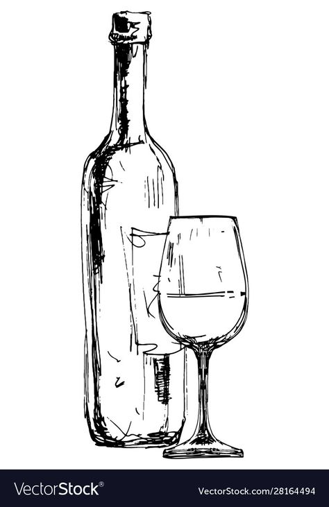 Wine Bottle Drawing, Wine Glass Drawing, Bottle Drawing, Wine Bottle Art, Sketchbook Drawings, White Drawing, Wine Art, Pen Sketch, Bottle Of Wine