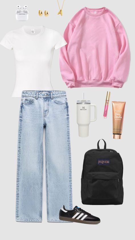 pink crewneck school outfit aesthetic Pink Crewneck Outfit, Crewneck Outfit Aesthetic, Crewneck Outfit, Outfit Primavera, Pink Crewneck, Outfit Aesthetic, School Outfit, Outfits Aesthetic, Crew Neck