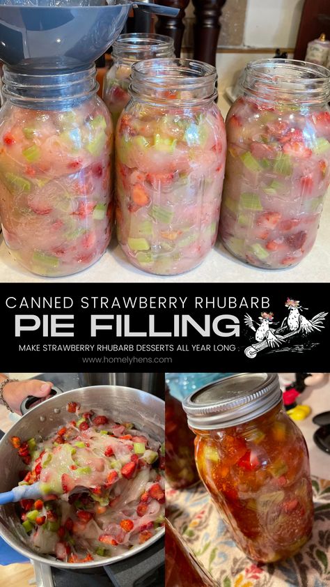 Canned Strawberry Rhubarb Pie Filling - Homely Hens Canned Strawberry Rhubarb Pie Filling, Blueberry Rhubarb Pie, Rhubarb Pie Filling, Canned Pie Filling, Strawberry Rhubarb Pie Filling, Canned Recipes, Rhubarb Crumble Recipes, Blueberry Rhubarb, Preserving Recipes