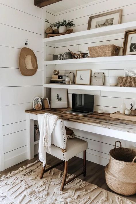 Modern Farmhouse Home Office Design Ideas Small Farmhouse Inspiration, Work Desks Ideas, Office With Shiplap Wall, Modern Farmhouse Craft Room, Home Office Rustic Modern, Small Farmhouse Office Ideas, Home Office Inspiration Farmhouse, Small Farmhouse Office, Small Cozy Office Ideas