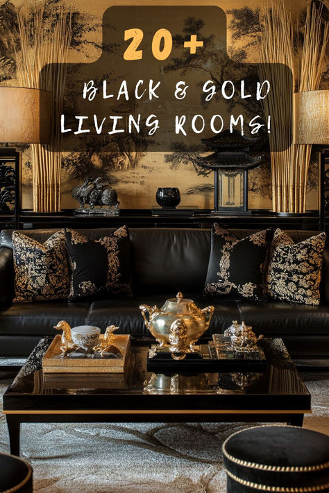 Turn your living space into a luxe haven with these 20 black and gold living room ideas! Curious about elegant decor tips? Click to uncover how these colors can transform your space into a sophisticated retreat! 🖤🌟 #LivingRoomInspo #BlackAndGoldDecor #ElegantLiving #HomeStyle #LuxuryInteriors Gold Chairs Living Room, Black Gold White Home Decor, Living Room Design Black Couch, Black And Gold Accent Wall Living Room, Dark Grey And Gold Living Room, Black And Taupe Living Room, Black And Neutral Home Decor, Masculine Glam Living Room, Black Gold White Living Room