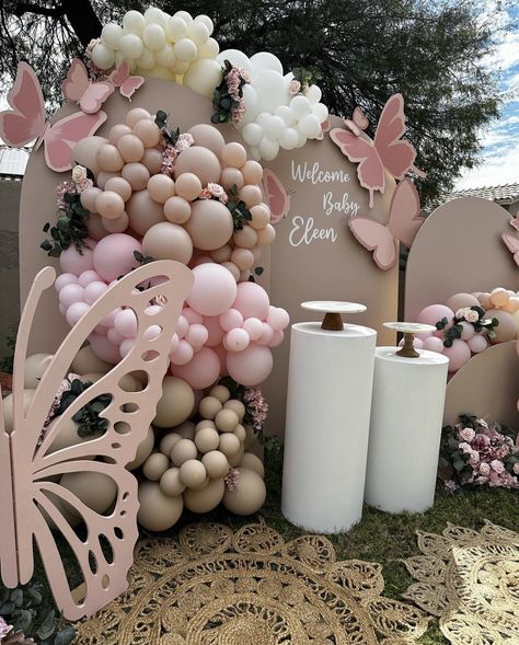 Neutral Butterfly Baby Shower Ideas, Blossom Baby Shower Ideas, Pastel Butterfly Baby Shower Ideas, Christening Themes Girl, Butterfly Candy Table, Butterfly Decorations For Party Birthday, Butterfly Garden Baby Shower Theme, Boho Butterfly Baby Shower Ideas, Fairy Baby Shower Theme