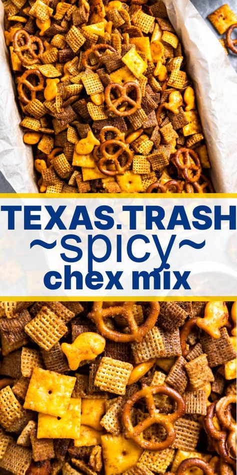 Chex Mix Spicy Texas Trash, Texas Trash Recipe Spicy, Texas Chex Mix Recipes, Chex Snacks Recipes, The Best Chex Mix Recipe, Chex Trash Recipe, Trash Chex Mix Recipe, Spicy Ranch Snack Mix Recipes, Spicy Trash Mix Recipe