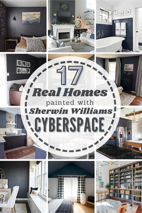 Everything To Know About Sherwin Williams Cyberspace SW 7076: Learn undertones, coordinating colors, similar shades see this paint color used in REAL HOMES! #sherwinwilliams #sherwinwilliamscyberspace #cyberspace #paint #paintcolor #cyberspacewalls #cyberspacediningroom #cyberspacelivingroom #cyberspacebedroom #cyberspaceexterior Sherwin Williams Cyberspace, Sherman Williams, Home Inspo Cozy, Thrifty Decor Chick, Moody Bedroom, Sherwin Williams Colors, Space Bedding, Real Homes, Sherwin Williams Paint Colors