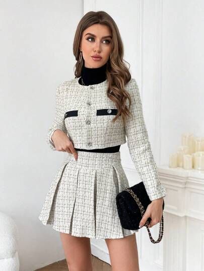 Tweed Two Piece Outfit, Tweed Two Piece, Plaid Outerwear, Blazer And Skirt Set, Skirt Two Piece, Tweed Dress, Body Con Skirt, Pleated Mini Skirt, Plaid Print