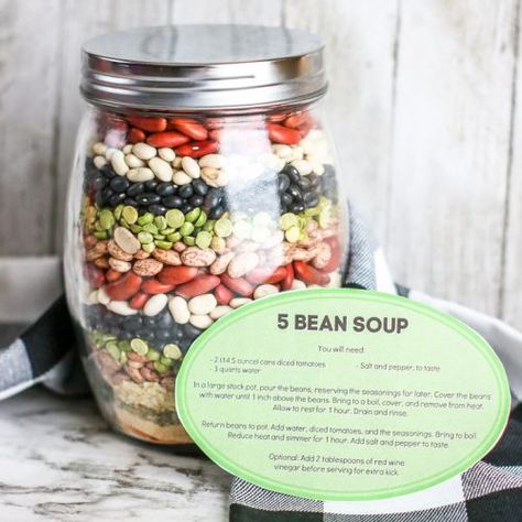 Bean Soup Gift In A Jar, Mason Jar Gifts Soup, Vegan Mason Jar Soup, 5 Bean Soup In A Jar, 3 Bean Chili In A Jar, Meals In A Jar Recipes Homemade Gifts, 5 Bean Soup Recipes, Mason Jar Soup Mix Recipes, Bean Soup In A Jar