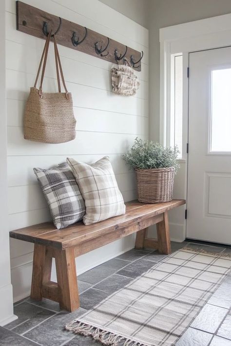 Foyer Farmhouse Entry Ways, Coat Rack For Entryway, Modern Farmhouse Entrance Way, Bench In Entryway Ideas, Farmhouse Entrance Ideas, Farmhouse Entryway With Stairs, Indoor Entryway Ideas, Entry Way Bench Styling Farmhouse, Farm House Entry Way