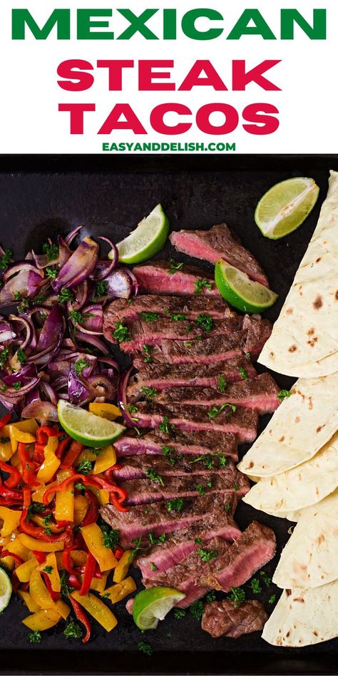 Make these marianted Mexican Steak Tacos with simple ingredients and have one of the most comforting meals ever. Flat Iron Steak Tacos, Mexican Steak Tacos, Steak Tacos Recipes, Tacos With Guacamole, Steak Taco Recipe, Fajita Veggies, Mexican Steak, Flank Steak Fajitas, Best Salsa Recipe