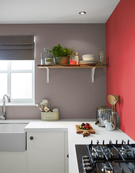 If your kitchen units are modern and white, choosing hotter shades – we love reds and purples – for the walls will visually warm up the space. #kitchen #redkitchen #redinteriors #redpaint #realhomes Grey Kitchen Inspiration, Kitchen Paint Ideas, Red Kitchen Walls, Popular Kitchen Colors, Paint For Kitchen Walls, All White Room, Kitchen Wall Colors, Room Deco, Elegant Kitchens