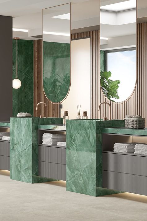 Exotic Green by Atlas Plan Green Marble Bar Counter, Modern Bathroom Design Wood, Green Washroom, Green Onyx Bathroom, Luxury Toilet Design, Sink Design Bathroom, Green Bathroom Design, Large Bathroom Design, Bathroom Modern Design