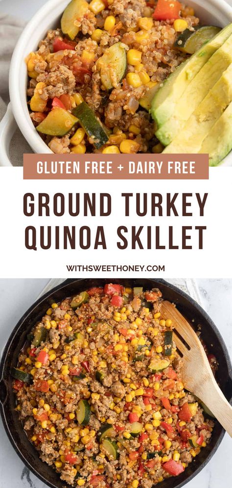 This ground turkey quinoa skillet with zucchini is the perfect one-pan meal that will become a family favorite. It’s loaded with lean protein from ground turkey and quinoa, along with a variety of nutritious veggies. Ground Turkey Zucchini Quinoa, Zucchini Quinoa Recipes, Ground Turkey And Quinoa, Taco Quinoa, Quinoa Bowls Healthy, Thrifty Meals, Quinoa Skillet, Quinoa Recipes Dinner, Turkey Quinoa