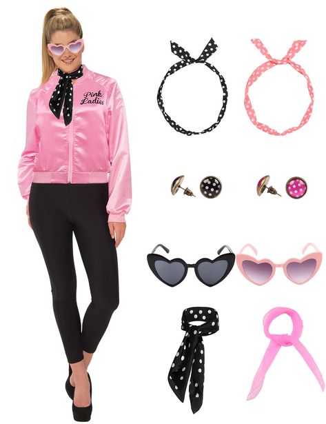 PRICES MAY VARY. Complete 50s Pink Lady Grease Costume Set: Transform into a '50s icon with our women's 50s costumes! This set includes a Pink Satin Jacket, Polka Dot Scarf, pink scarf, black and pink headband, black and pink earrings, black and pink glasses, and pants. Elevate your retro look! Accurate Sizing for the Perfect Fit: Flaunt your style confidently! Our women Grease costumes are designed with accurate sizing guidance. Refer to the size chart for the perfect fit, ensuring you look and Pink Lady Outfit Grease, Pink Ladies Grease Hairstyles, Grease Outfits Ideas, 50s Theme Outfit, 50s Costume Women, Pink Costume Ideas, Sandy Grease Outfit, 50’s Outfits, Different Barbies Costumes