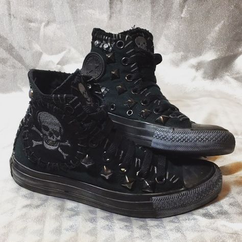 Distressed Converse All Star shoes from Chad Cherry Clothing. Emo Shoes, Grunge Shoes, Skull Shoes, Goth Shoes, Punk Shoes, Gothic Shoes, Dr Shoes, Estilo Punk, Punk Outfits