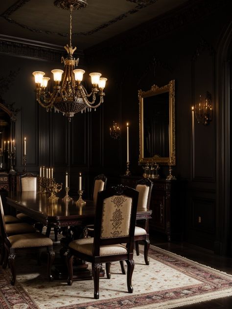 Victorian Style Dining Room, Gothic Dining Room Aesthetic, Dark Academia Aesthetic Dining Room, Dining Room Dark Academia, Dark Academia Dining Room, Goth Dining Room, Vampire Dining Room, Castle Dining Room Aesthetic, Dark Castle Dining Room