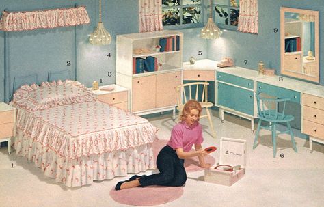 teen bedroom - 1964 1960s Bedroom, 1950s Bedroom, 60s Bedroom, Sally Draper, Retro Rooms, Tufted Headboards, Contemporary Bedroom Design, Vintage Homes, Retro Bedrooms