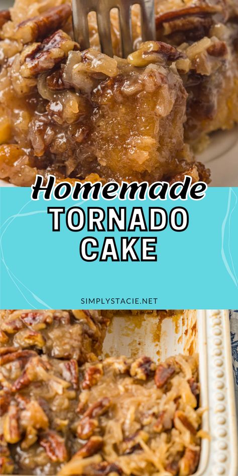 Two image collage of tornado cake. First image is the cake on a plate with a fork in it. Second image is the cake in a pan with a piece cut out. Pineapple Pecan Coconut Cake, Nutty Cake Recipes, Pineapple Nut Cake, Pineapple Summer Cake, Franklin Nut Cake Recipe, Do Nothing Tornado Cake Recipe, Do Nothing Cake Recipe, Yummy Cake Recipes Homemade, Pecan Cake Recipes Homemade