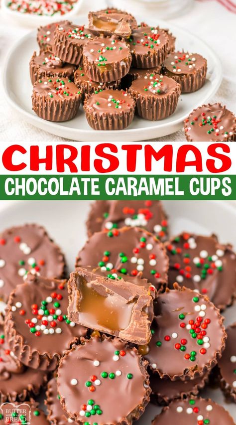 Christmas Peanut Butter Cups, Easy Christmas Desserts For Gifts, Christmas Dessert Gift Box Ideas, Caramel Christmas Cookies, Chocolate Caramel Candy, Chocolate Christmas Candy, Chocolate Covered Caramels, Christmas Chocolate Gifts, Caramel Cups