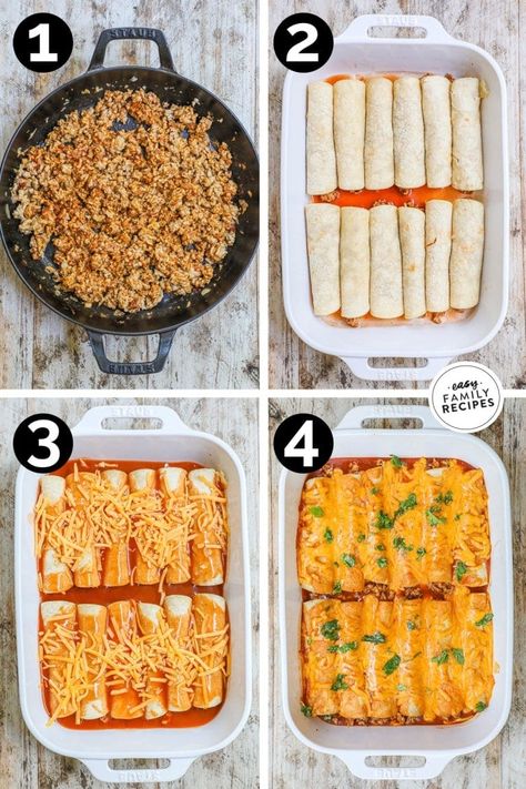 These Ground Turkey Enchiladas are both delicious and easy to make, making them perfect for a family-friendly weeknight meal. This recipe features all the classic flavors of beef enchiladas but with the added bonus of being made with seasoned ground turkey for a lighter twist. This turkey enchiladas recipe is perfect for any occasion - from feeding a crowd to a quick, easy weeknight dinner. Save some for later and make a double batch to freeze for a convenient, ready-to-bake dinner option. Turkey Enchilada Casserole, Seasoned Ground Turkey, Ground Turkey Enchiladas, Bake Dinner, Quick Family Dinners, Turkey Enchiladas, Turkey Meat Recipes, Viral Recipes, Easy Enchiladas