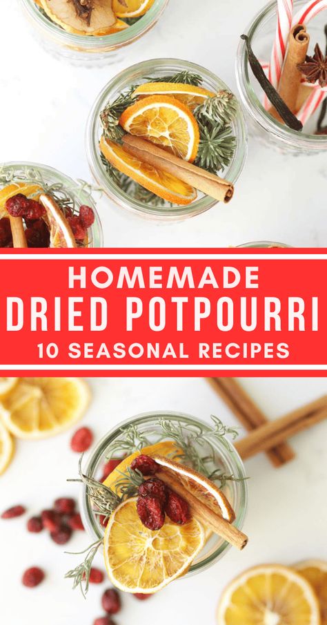 10 dry potpourri recipes that make lovely homemade gifts to give to friends and family or use yourself! Having these different blends of stovetop potpourri simmering throughout the seasons is sure to get you into the holiday spirit! Diy Potpourri Dried How To Make, Make Your Own Potpourri Diy, How To Make Dried Potpourri, Make Potpourri Diy, Dried Fruit For Potpourri, Essential Oil Potpourri, Homemade Popurrí, How To Make Poupori From Flowers, How To Make Popurri