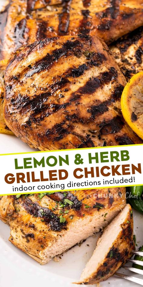 Lemon Herb Grilled Chicken - The Chunky Chef Grilled Chicken Seasoning, Chicken With Herbs, Lemon Chicken Marinade, Chicken Breast Marinade Recipes, Herb Chicken Recipes, Best Grilled Chicken, Grilled Chicken Breast Recipes, Grilled Lemon Chicken, Grilled Chicken Recipes Easy