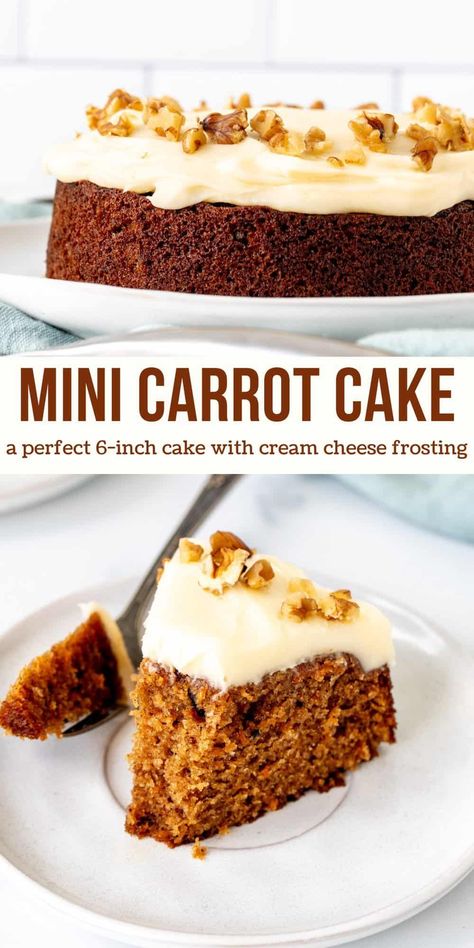 This mini carrot cake is  an easy, single layer 6-inch cake for when you don't want any leftovers. It makes enough for 4-6 people. It's incredibly moist with the perfect carrot cake flavor and topped with tangy cream cheese frosting.#carrotcake #minicake #6inchcake #recipe #cake #easterdessert #smallcake from Just So Tasty Perfect Carrot Cake, Mini Carrot Cake, Cream Cheese Frosting Cake, Mini Carrots, Carrot Cake Cupcakes, Recipe Cake, Spring Desserts, Carrot Cake Recipe, Bread Cake