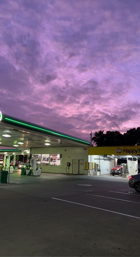 Gas Station Sunset, Purple Hour Aesthetic, Nostalgic Playlist, Purple Sunset Aesthetic, Nostalgia Playlist, Purple Sky Wallpaper, Purple Sky Aesthetic, Gas Station At Night, Night Time Vibes