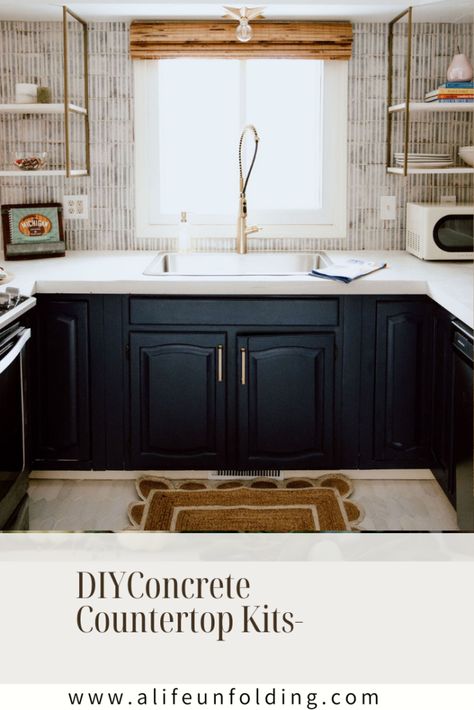 Modern Cottage Kitchen with white concrete countertops, painted blue cabinets and ope shelving. Diy White Concrete Countertops, Mismatched Nightstands, Concrete Counter Top, White Concrete Countertops, Countertop Kit, Family Room Sofa, Diy Concrete Countertops, Old Desks, White Concrete