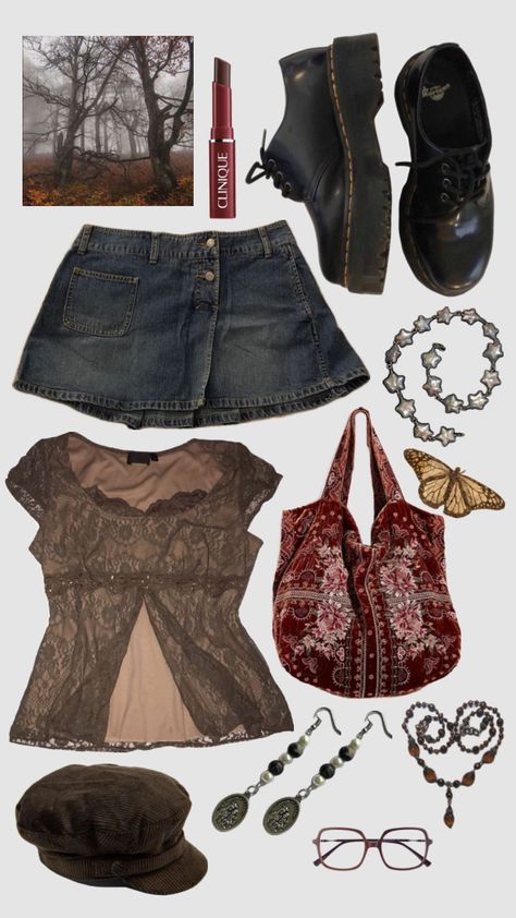 #outfit #browntones #warmtones #redtones #weirdgirlautumn #denimskirt #autumn #autumnoutfit Downtown Outfits, Autumn Fits, Thrifted Outfits, Swaggy Outfits, Look At You, Estilo Retro, Melanie Martinez, Up Girl, Lookbook Outfits