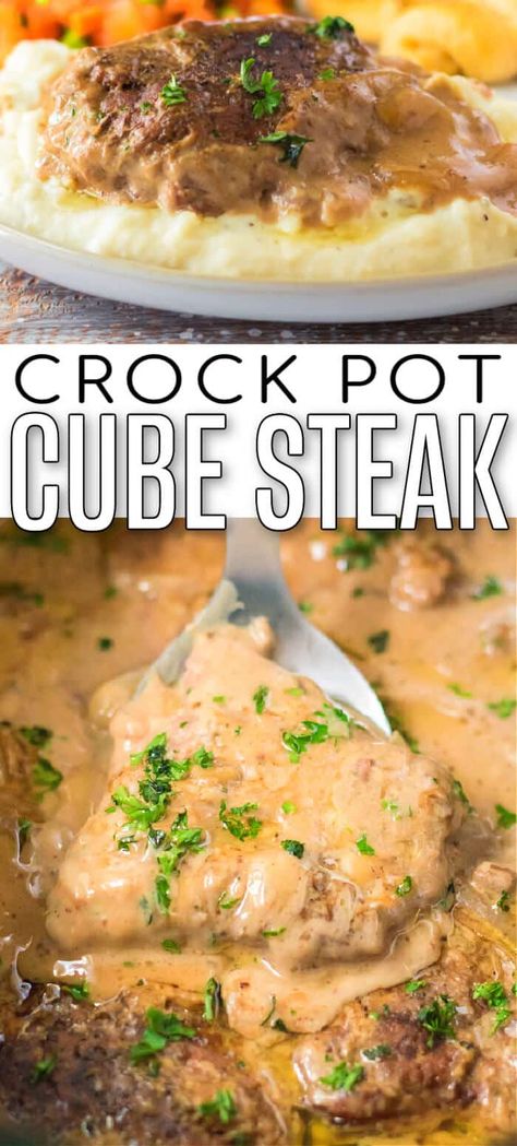 EASY CROCK POT CUBE STEAK Instapot Cube Steak Recipe, Beef Cubes Recipe Crock Pots, Crock Pot Cubed Steak Recipes, Cube Steak Crock Pot Recipes, Cubed Pork Recipes, Crock Pot Cube Steak, Beef Cube Steak Recipes, Crockpot Steak Recipes, Meat Sauces