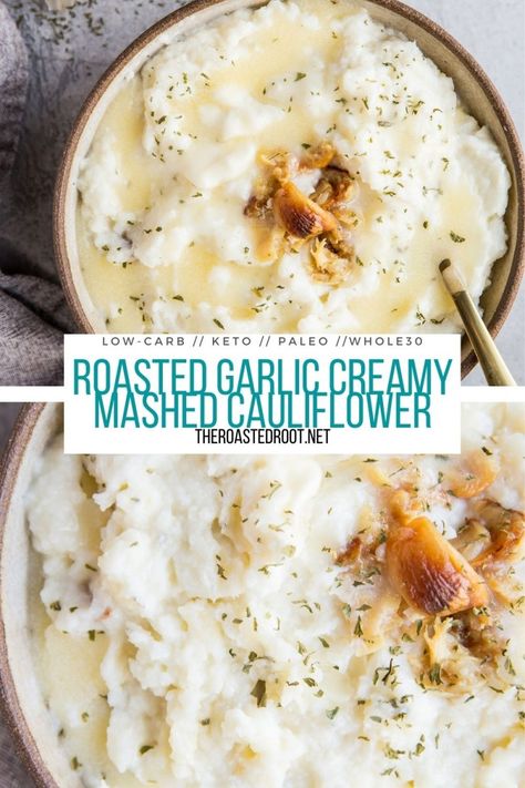 Roasted Mashed Cauliflower, Roasted Cauliflower Mash, Cauliflower Mash Recipes, Cauliflower Mashed Potatoes Keto, Cauliflower Keto, Keto Mashed Cauliflower, Keto Side Dish, Garlic Mashed Cauliflower, Keto Veggies