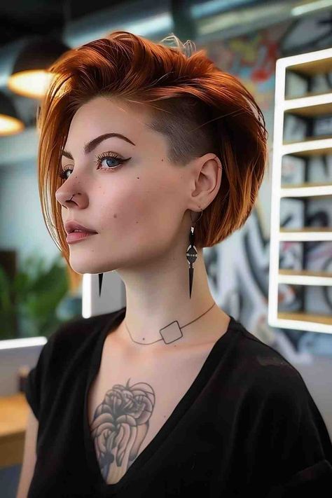 Undercut Medium Hair Woman, Fun Womens Haircuts, Haircut Side Part For Women, Side Haircuts Women, Long Top Pixie Haircut, Haircut Ideas Side Part, Undercut Bob Haircut For Fine Hair, Side Undercut Short Hair, One Side Haircut