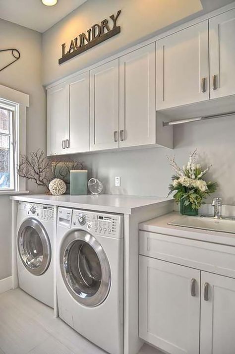 60 Amazingly inspiring small laundry room design ideas Dryer Organization, تصميم دورة مياه, Laundry Room Storage Shelves, Laundry Room/mud Room, Room Storage Diy, Dream Laundry Room, White Laundry, Laundry Room Renovation, Farmhouse Laundry