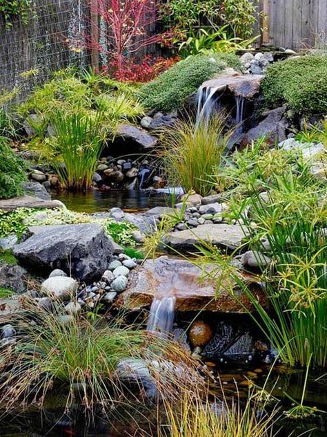 53 Incredibly fabulous and tranquil backyard waterfalls Japanese Water Gardens, Garden Stream, Tanaman Air, Japanese Garden Decor, Soothing Nature, Small Japanese Garden, Japanese Garden Landscape, Garden Ponds, Zen Garden Design