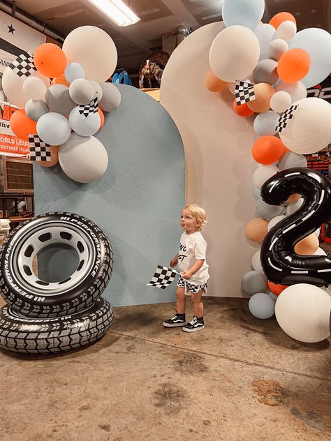 2 Fast Birthday Pictures, Fast One Birthday Pictures, Race Car Birthday Decor, Car Theme Toddler Birthday, Tire Themed Birthday Party, Vintage Race Car Birthday Party Ideas, Cars Themed Second Birthday, Fast One Birthday Photoshoot, Fast One Balloon Arch