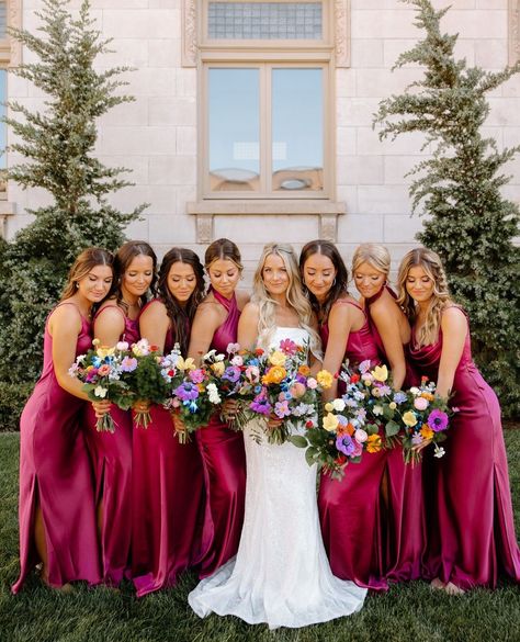 The vibrant wedding of our dreams 😍⁠ ⁠ Featuring Jade, Athena, Maxine, Athena, and Giada in Fuchsia Satin⁠ ⁠ Photography:… | Instagram Wedding Colors For May Weddings, Wedding Color Schemes Hot Pink, Magenta Bridesmaids Dresses, Raspberry Pink Bridesmaid Dresses, Fusia Wedding Theme, Spring Wedding Bridesmaid Dresses, Raspberry Pink Wedding, Vibrant Color Wedding Theme, May Wedding Bridesmaid Dresses