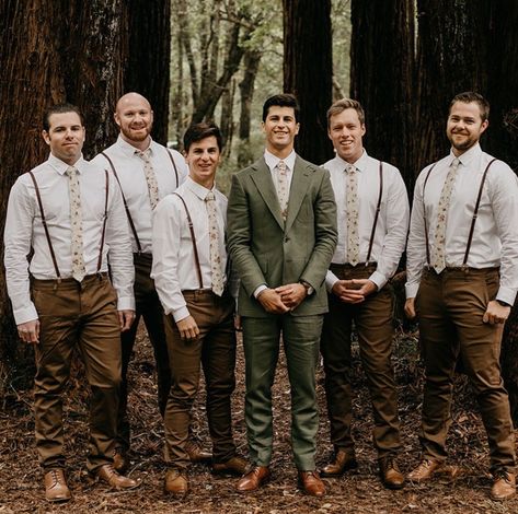 Woodland Groomsmen Attire, Boho Rustic Groomsmen Attire, Romantic Groom Attire, Eclectic Groom Attire, Rustic Boho Groom Attire, Green Suit Brown Shoes, September Wedding Groomsmen Groom Attire, Groom Attire Forest Wedding, Green Groom Brown Groomsmen