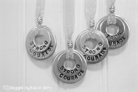 Camp Fundraiser Ideas, Diy Washer Necklace, Washer Crafts, Washer Necklaces, Stamping Metal, Washer Jewelry, Fundraiser Ideas, Hand Stamped Metal, Rachel Berry