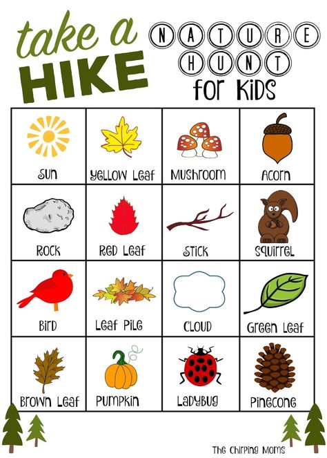 Take a hike, nature hunt for kids from The Chirping Moms. Get outside and explore! Nature Scavenger Hunt Printable, Nature Walk Scavenger Hunt, Fall Scavenger Hunt, Preschool Activities At Home, Nature Hunt, Scavenger Hunt For Kids, Fall Preschool, Nature Walk, Summer Nature