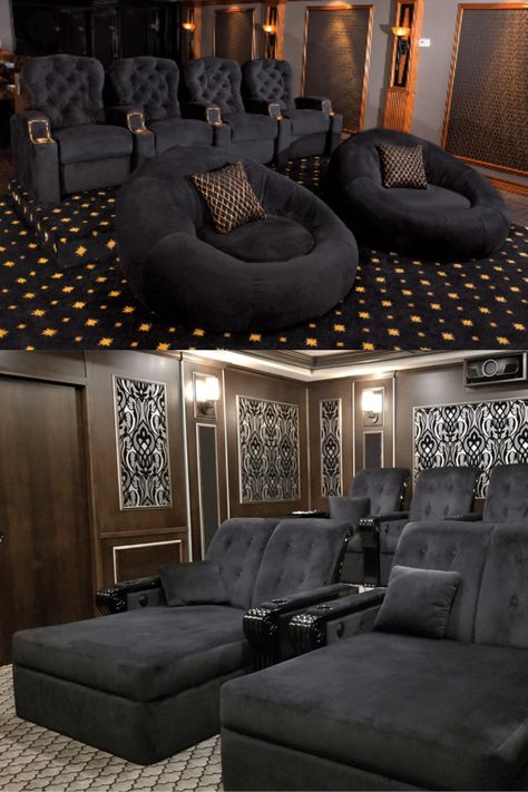 Theatre Room Furniture Ideas, Luxury House Movie Theater, Theater Chairs In Living Room, Movie Room Lounge Chair, Theater Room Chairs, Media Room Bed, Theater Couches Cozy, Home Movie Theater Furniture, Theater Room Couch Ideas