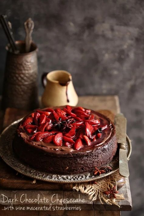 Dark Chocolate Cheesecake with Wine Macerated Strawberries Moist Chocolate Cake Recipe, Sugar Free Chocolate Cake, Gf Cake, Dark Chocolate Cheesecake, Macerated Strawberries, Gluten Free Chocolate Cake, Gf Baking, Eggless Desserts, Salty Cake