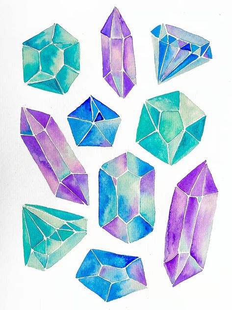 Crystals Art Drawing, Watercolor Gem, Gems And Crystals, Crystals Watercolors, Crystal Illustration, Jewel Drawing, Gem Drawing, Crystal Drawing, Colorful Borders Design