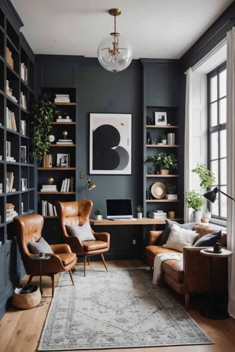 Black And Cognac Office, Home Office With Lounge Chair, Moody Office With Fireplace, Cozy Minimalist Home Office, Black Walls Office Ideas, Moody Modern Office, Cozy Modern Office, Cozy Office Design, Office Man Cave Combo