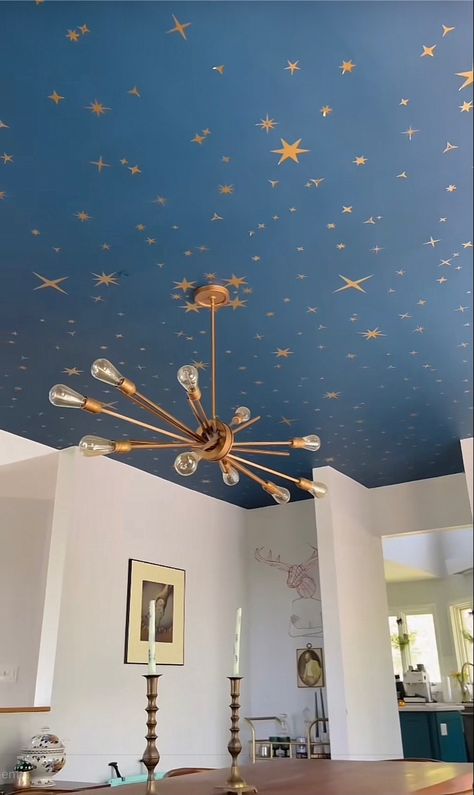 Star Stencil Ceiling, Gold Stars On Ceiling, Sputnik Chandelier Bedroom, Foster Bedroom, Ceiling Decor Ideas, Wayfair Finds, 70s Life, Gold Star Wall Decals, Playroom Stage