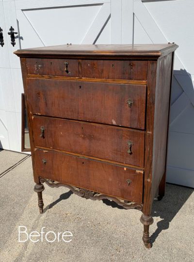 How To Paint Vintage Furniture, Antique Tall Dresser Makeover, Shabby Chic Painted Furniture, Upcycle Antique Furniture, Refurbished Antique Furniture, Refinishing Antique Furniture, Tall Chest Of Drawers Makeover, Veneer Dresser Makeover, Antique Chest Of Drawers Makeover